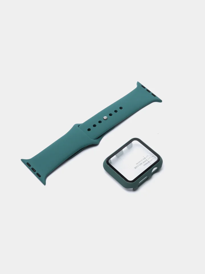 Зеленый силиконовый ремешок + защитная накладка со стеклом на корпус Apple Watch 42 mm