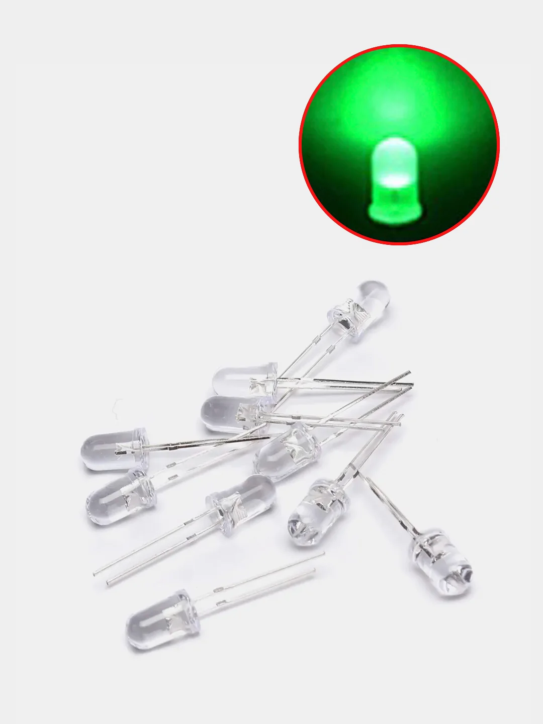 Зеленый 10шт. LED Светодиоды 2-3V прозрачные 3мм, 5мм белые, синие, красные, желтые, зеленые