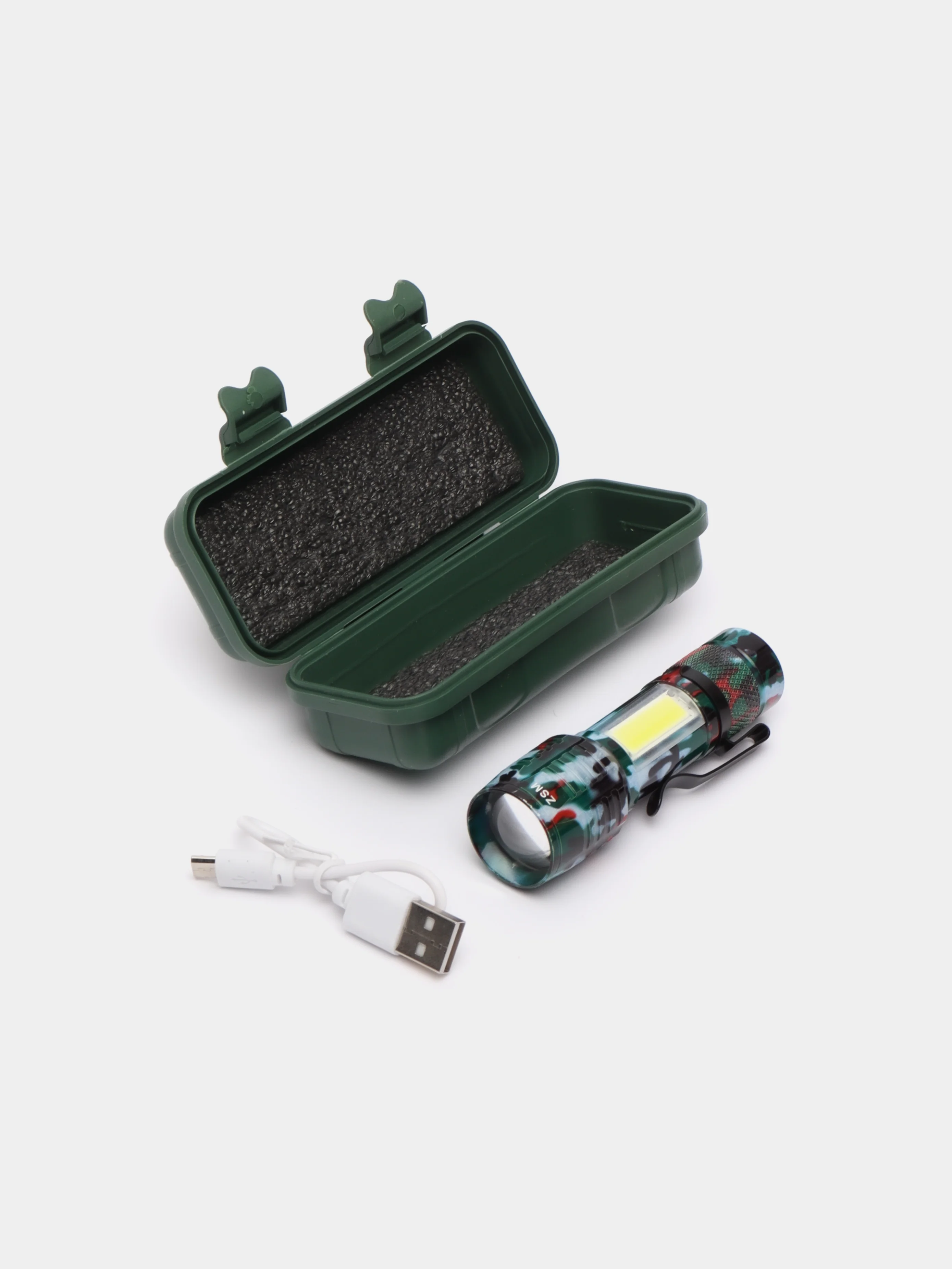 Зелёный хаки аккумуляторный карманный фонарик с usb в кейсе