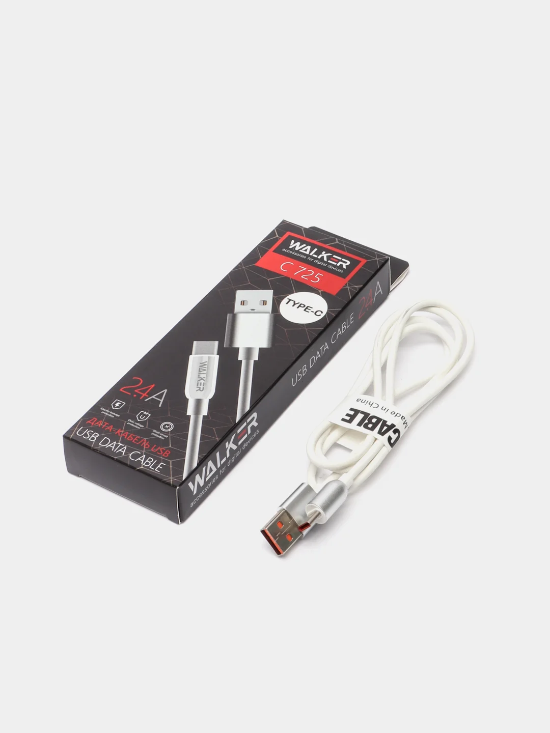 Белый кабель USB - Type-C WALKER C725, с металлическими разъемами