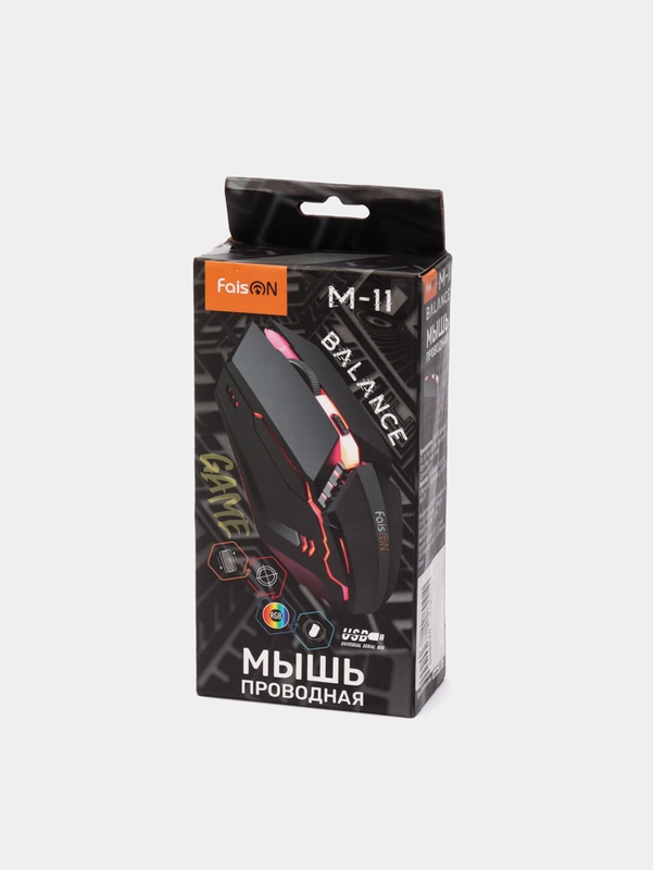 Мышь проводная FaisON, M-11, Balance, игровая, кабель 1,5 м, RGB подсветка, USB, 4 кнопки