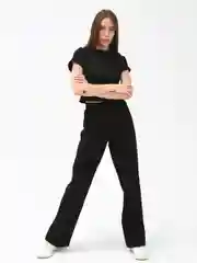 Черный спортивный домашний костюм женский, хлопок, футболка и широкие брюки с высокой посадкой