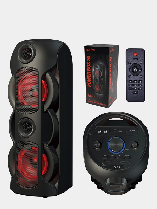 Колонка беспроводная Bluetooth с подсветкой Perfeo Power Box 70, TWS (AUX/USB/MicroSD/FM)
