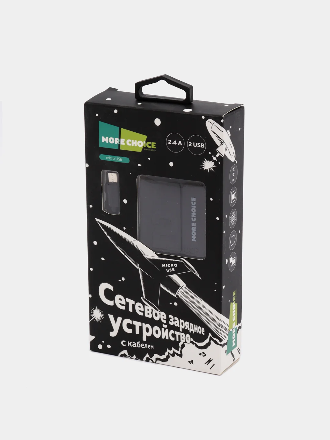 Черный сетевое зарядное устройство More Choice NC46m, 2 USB, 2.4A, кабель Micro USB, 1 м