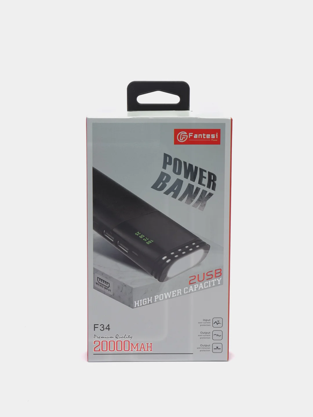 Черный внешний аккумулятор Power Bank Fantesi F34, с дисплеем и фонариком, 20000 mAh, белый