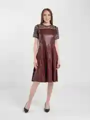 Бордовый платье женское из экокожи, с гипюром