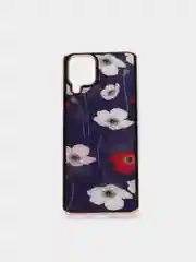 Темно-синий чехол Samsung Galaxy M32, Самсунг Галакси М32 силиконовый с мраморным рисунком и цветами