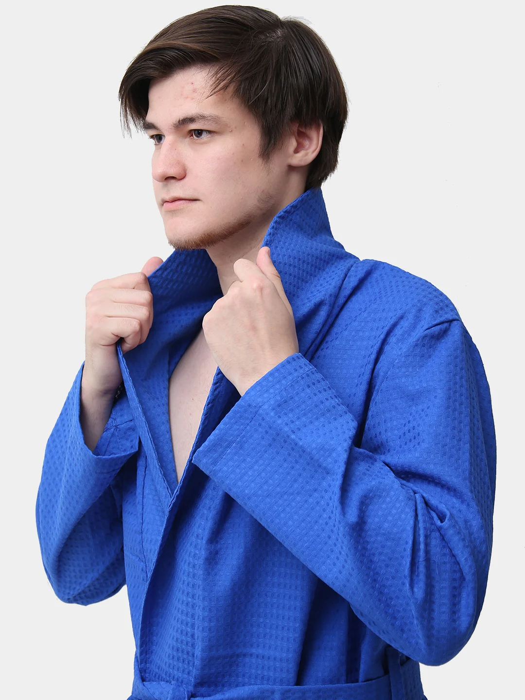 Синий халат вафельный мужской Великан, Макси, банный, домашний, 100% хлопок р.56-62
