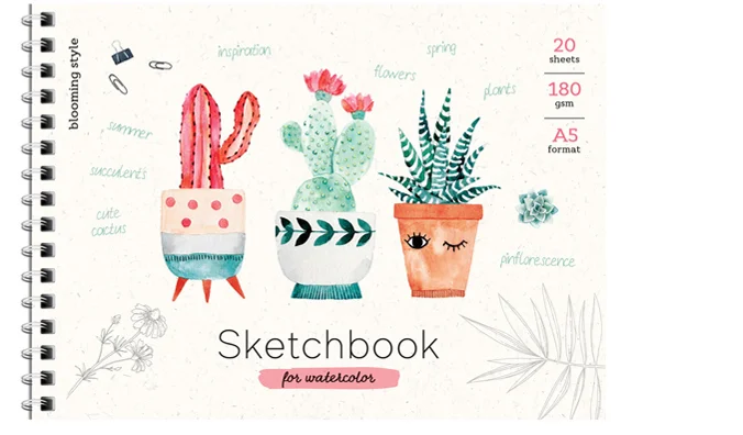 Белый скетчбук-блокнот для акварели "Cute plants", А5, 20 листов