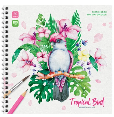 Розовый скетчбук для акварели Tropical Bird, 20 листов, 190*190