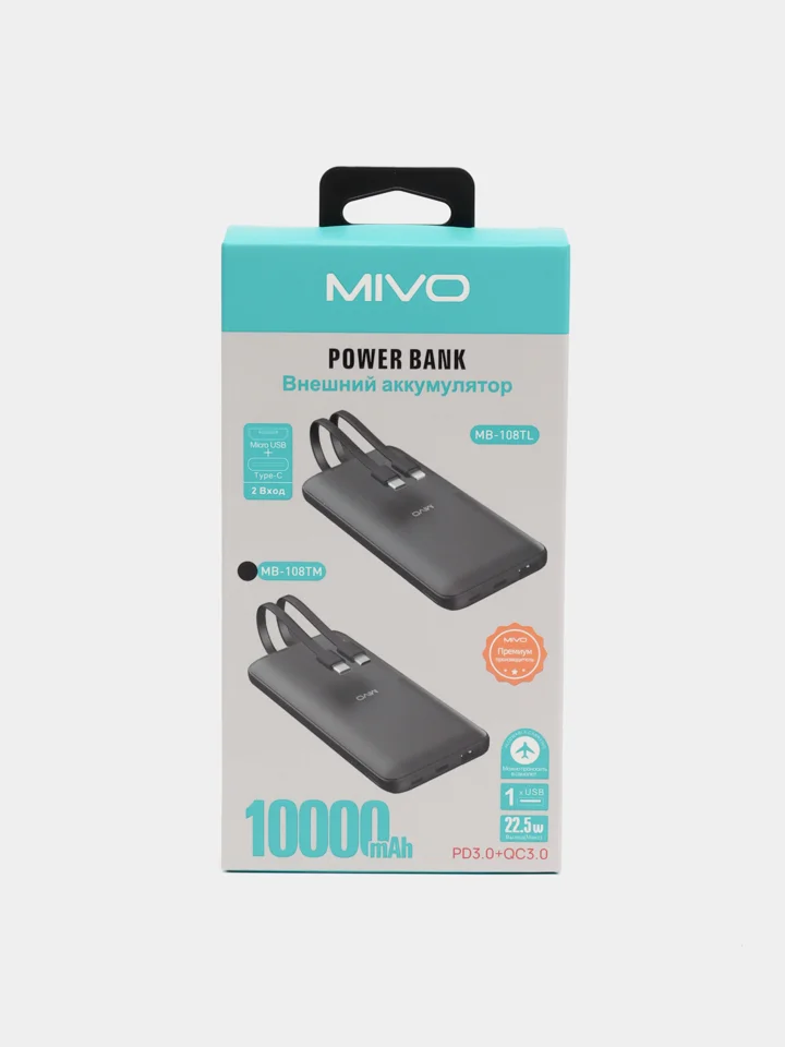 Внешний аккумулятор, 10000 mAh, со встроенным кабелем Type-C и Micro usb MIVO MB-108TM