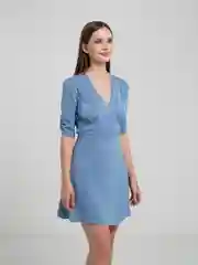 Голубой платье женское короткое, с открытой спиной, в горошек