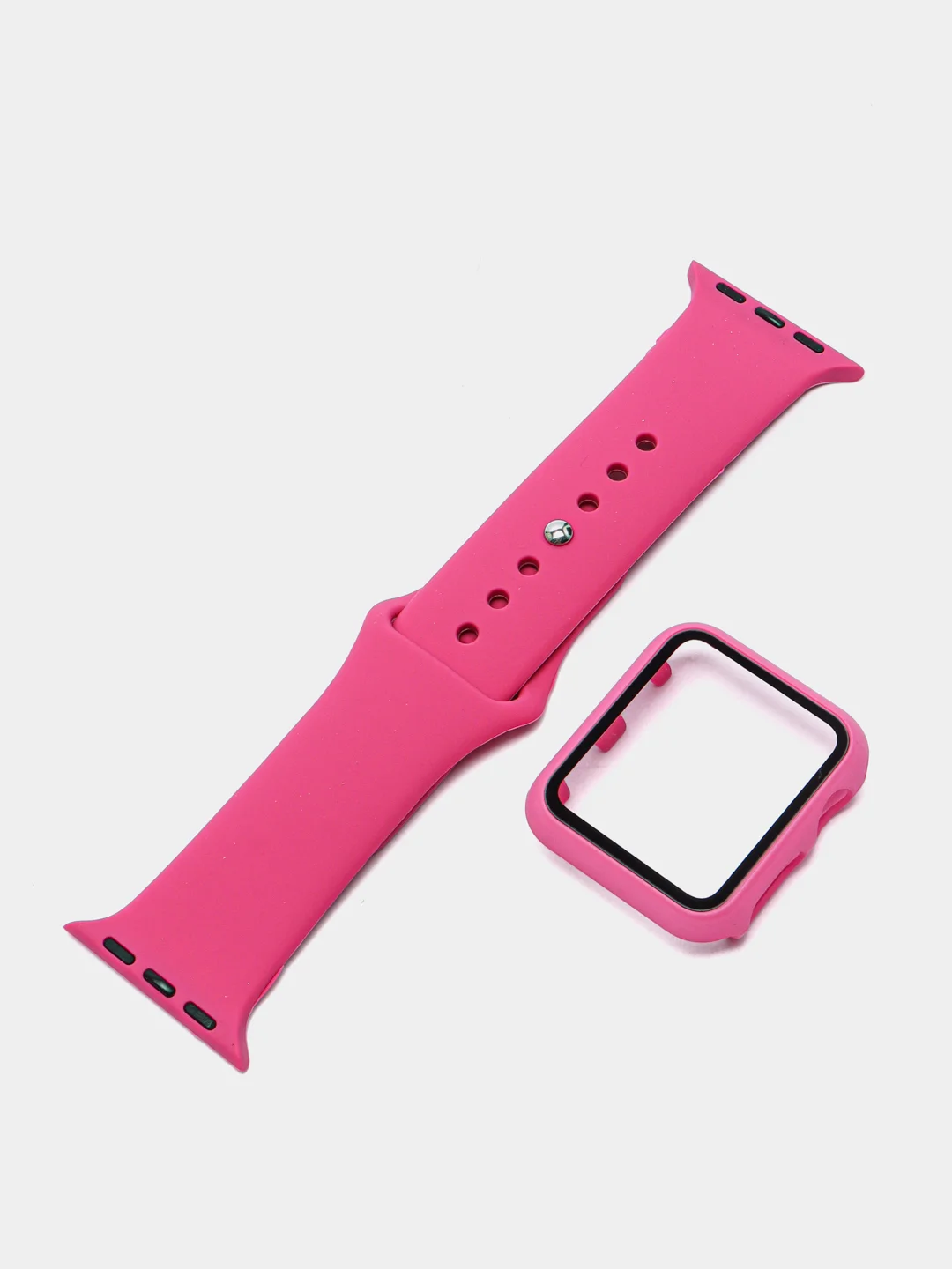 Фуксия силиконовый ремешок + защитная накладка со стеклом на корпус Apple Watch 38 mm