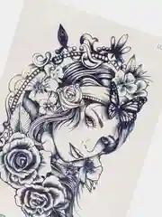 Красный временная татуировка, 21 х 15 см, цветы и девушки