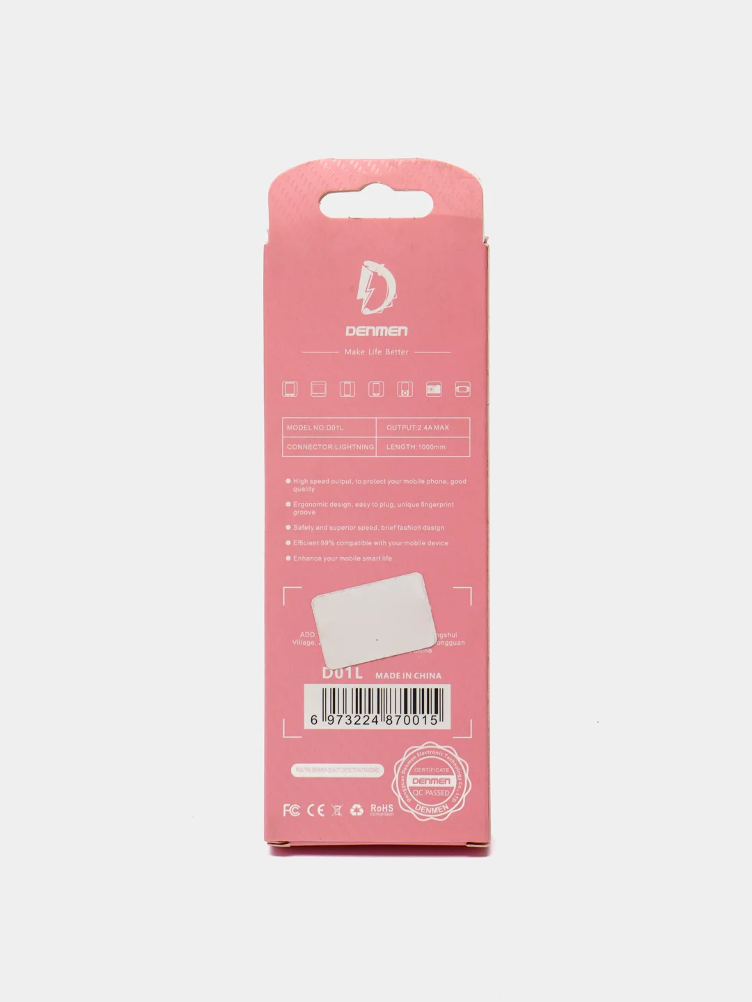 Белый usb кабель зарядный, 1.0м, DENMEN D01 2.4A, TypeC/MicroUSB/Lightning для Android и iPhone