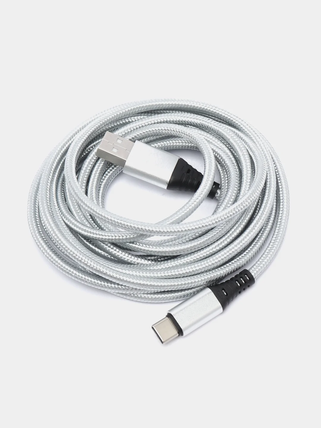Серебряный кабель зарядный для андроид Type-C, ткань, 2.7м, 1.8м, 1.2м, нейлоновый, алюминевый сплав