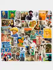 Бежевый стикеры "Картины", искусство, наклейки 50 штук