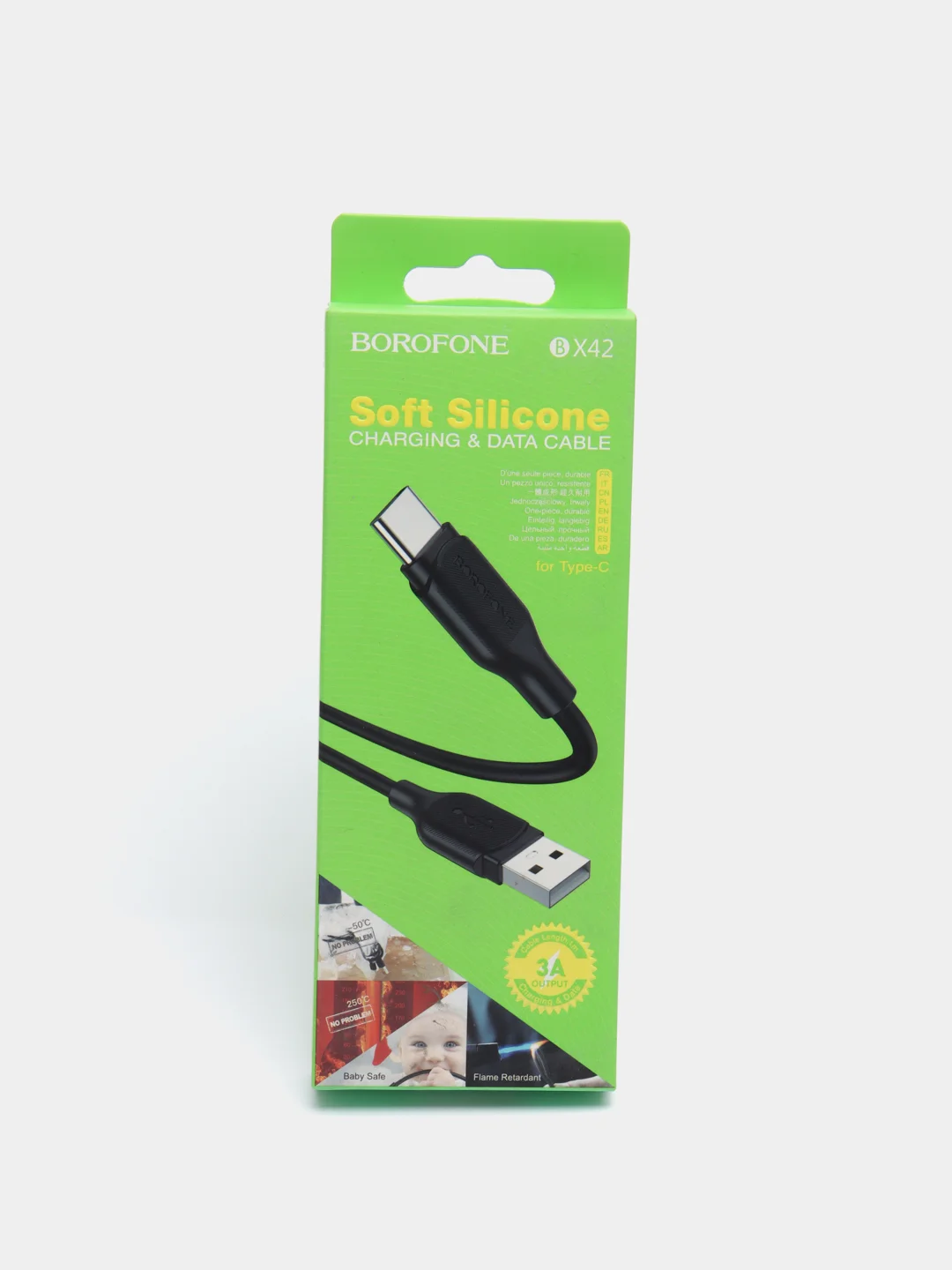 Черный кабель зарядный для андроид BOROFONE BX42, Type-C, 3A, не горит, не мерзнет, можно мыть