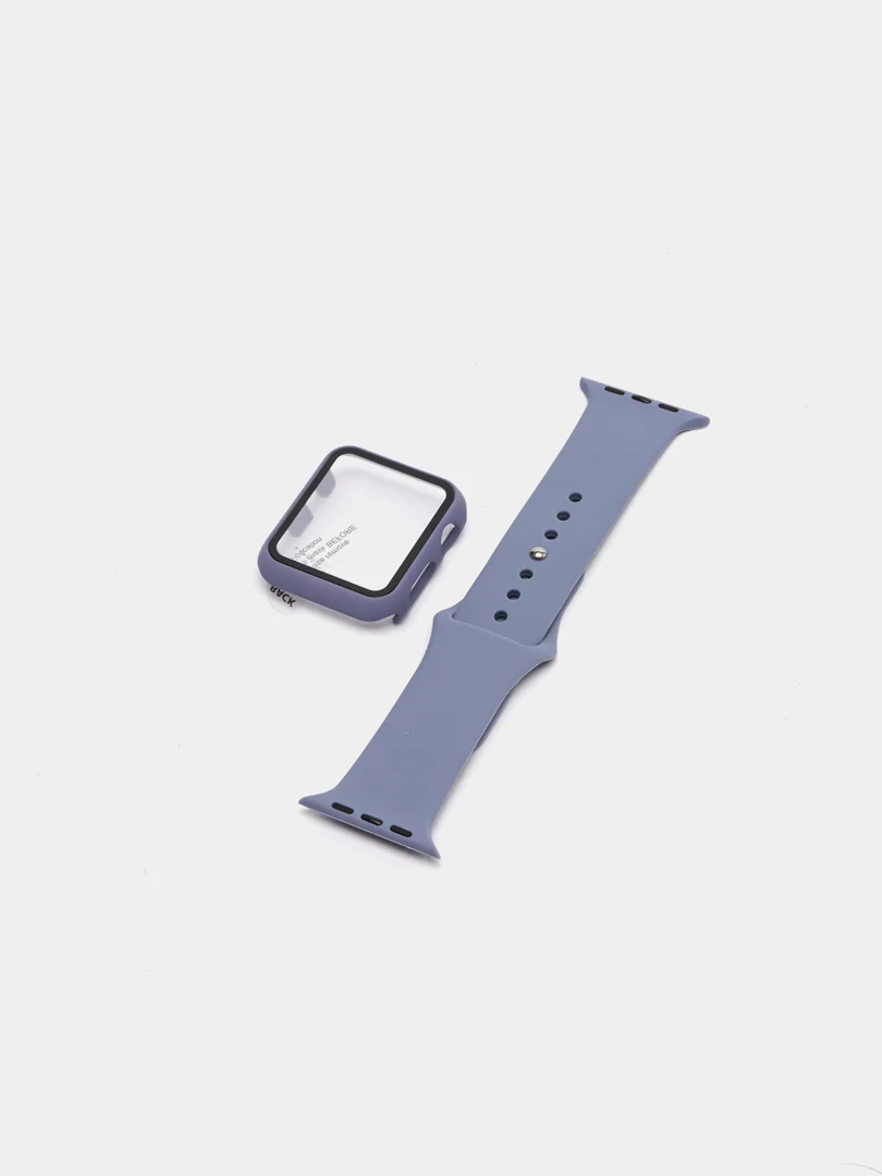 Серый силиконовый ремешок + защитная накладка со стеклом на корпус Apple Watch 42 mm