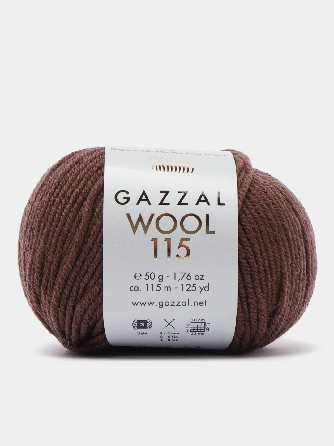 Коричневый пряжа Gazzal Wool 115, мериносовая шерсть, 50г/115м