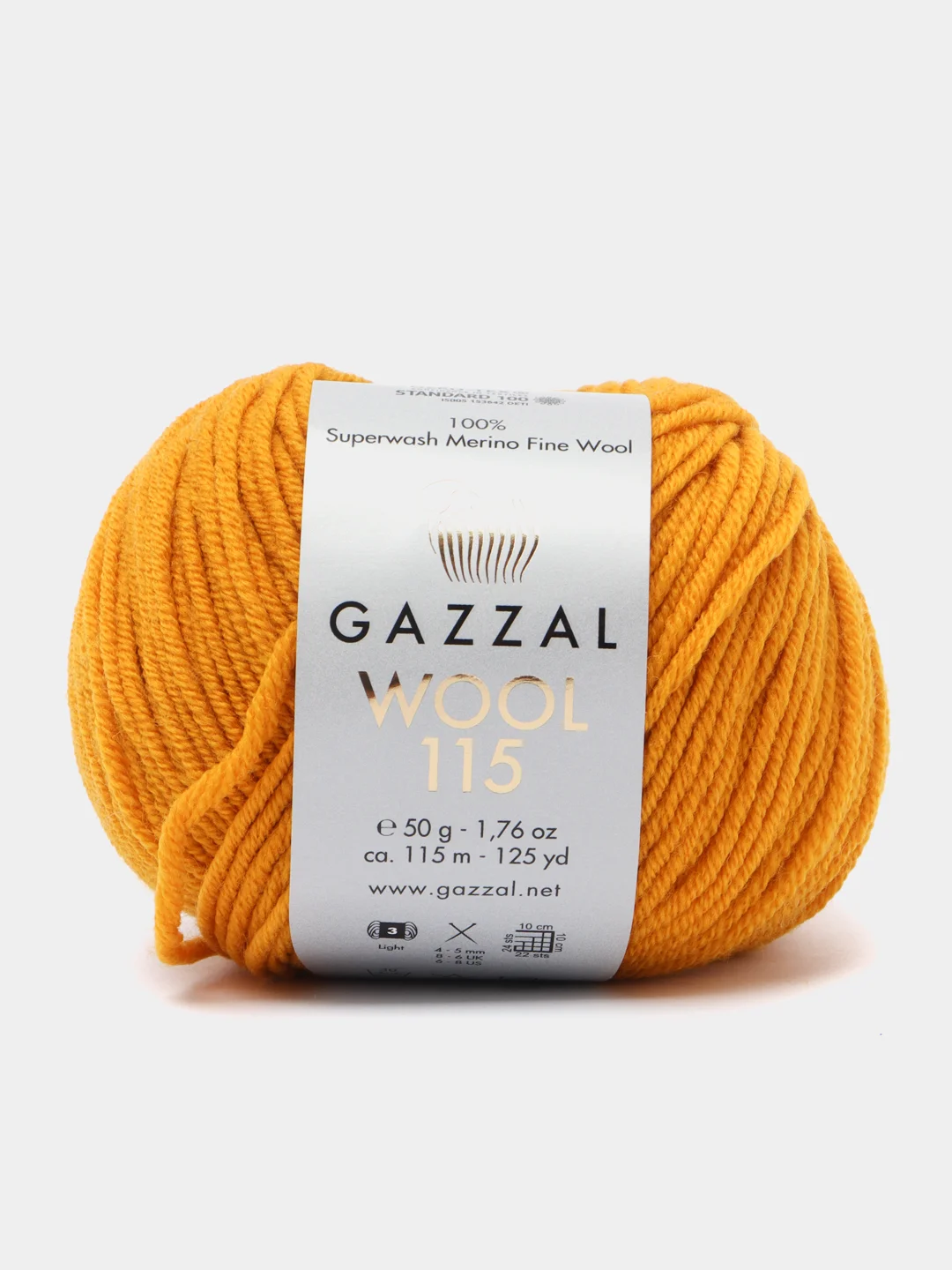 Горчичный пряжа Gazzal Wool 115, мериносовая шерсть, 50г/115м