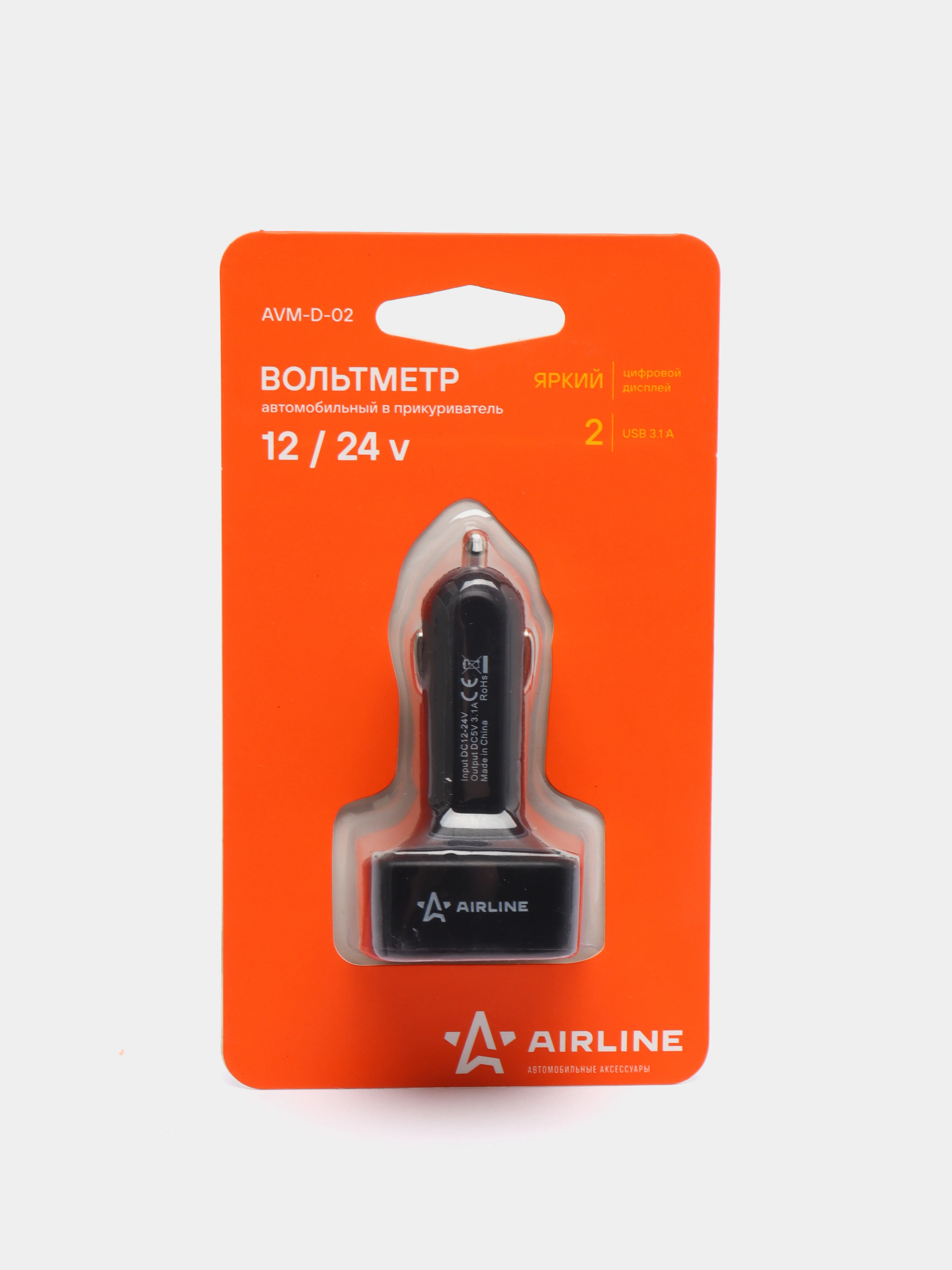 Вольтметр в прикуриватель Airline 12-24В, AVM-D-02, USB 2, 3,1 A,