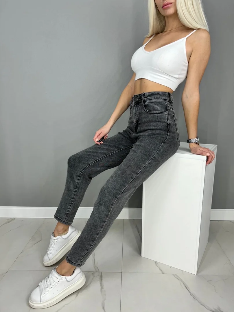 Серый джинсы женские mom fit с высокой посадкой, серые