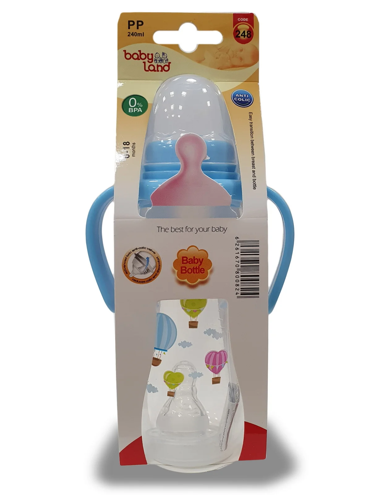 Красный бутылочка Baby Land, 240 мл, с ручками, силиконовой классической соской Air System