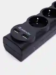Сетевой фильтр-удлинитель, 5 розеток, 3 метра, 2 USB (2.1А), с заземлением, черный