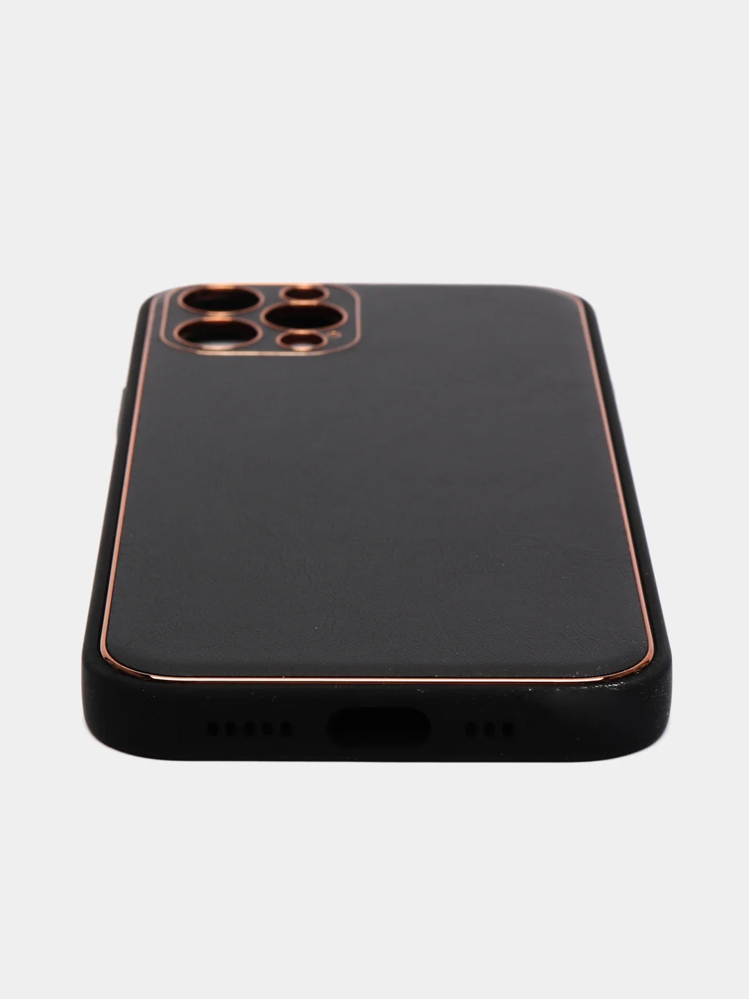 Черный чехол с золотой окантовкой на iPhone 13, 13 Pro, 13 Pro Max, 12, 12 Pro кожаный