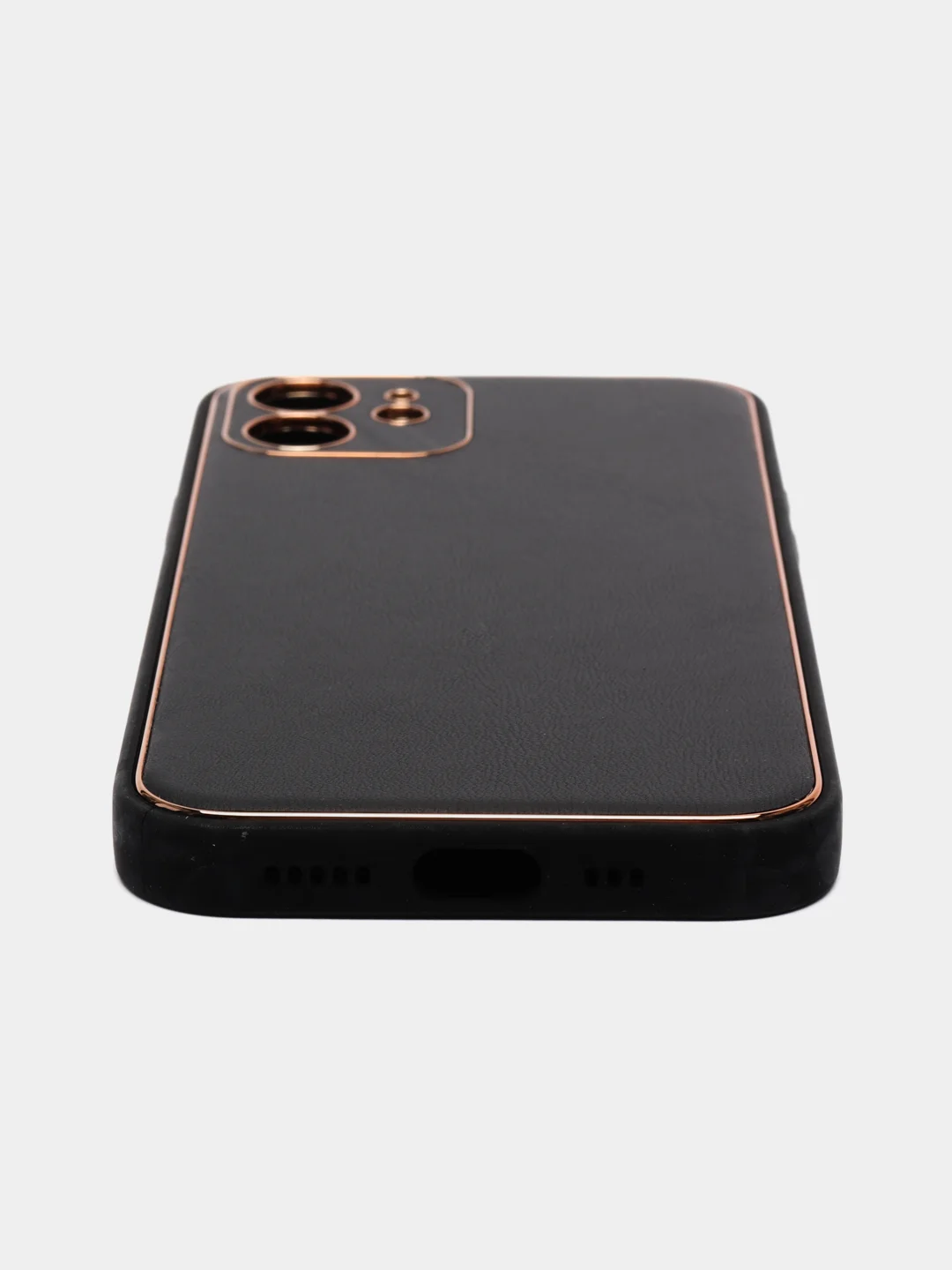 Черный чехол с золотой окантовкой на iPhone 13, 13 Pro, 13 Pro Max, 12, 12 Pro кожаный