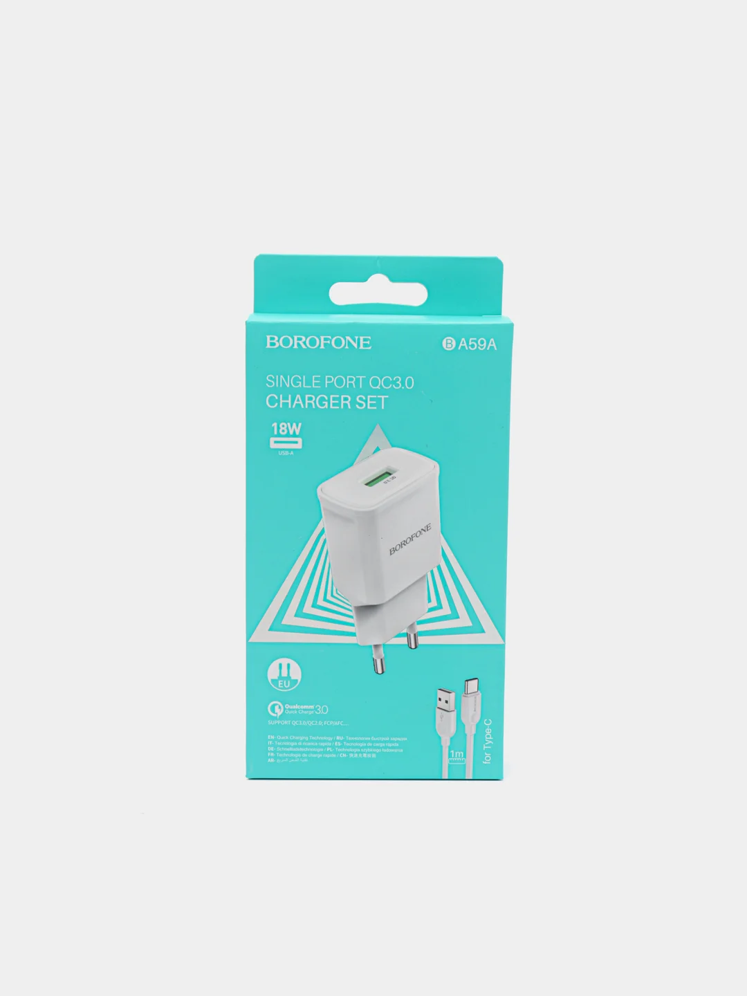 Белый зарядное устройство Borofone BA59A (1xUSB, QC 3.0, 18W+ опц.кабель Micro-USB или Type-C)