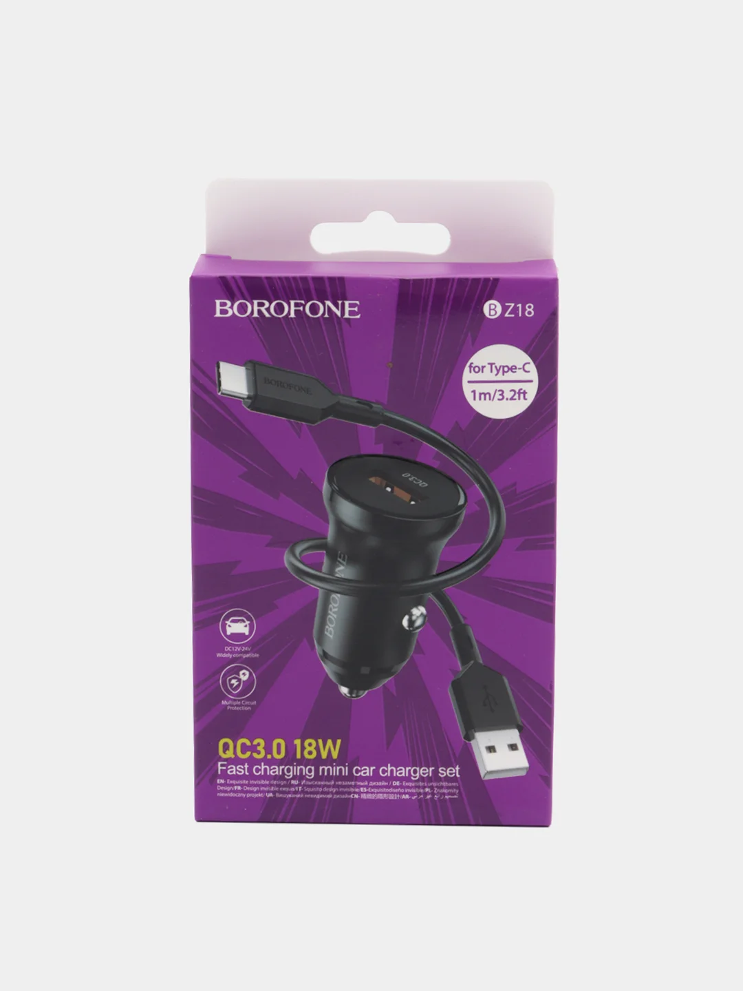 Черный автомобильное зарядное устройство USB 2,4A BOROFONE BZ18,BZ18A PD20W Quick Charge 3.0