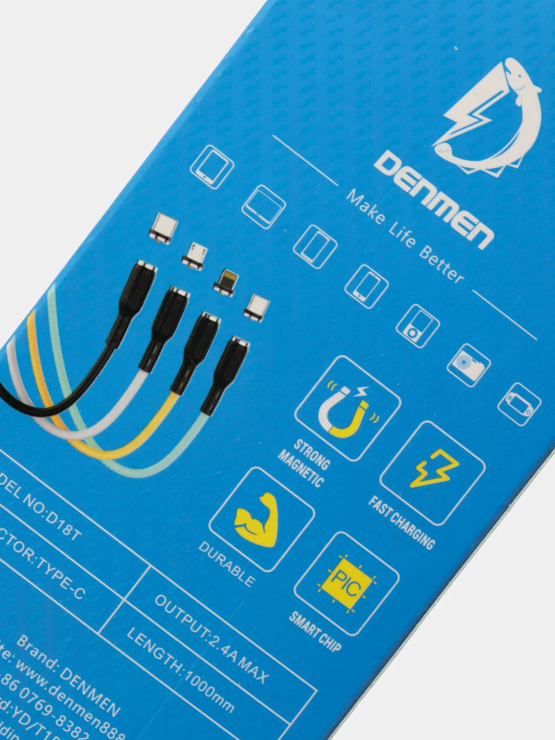 Белый кабель магнитный USB DENMEN D18L/D18T для зарядки Type-C / Lightning 2.4A
