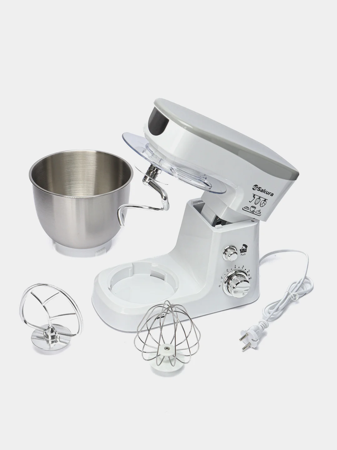 Белый миксер Sakura SA-6327W планетарный, с чашей 3.5л, 1000Вт