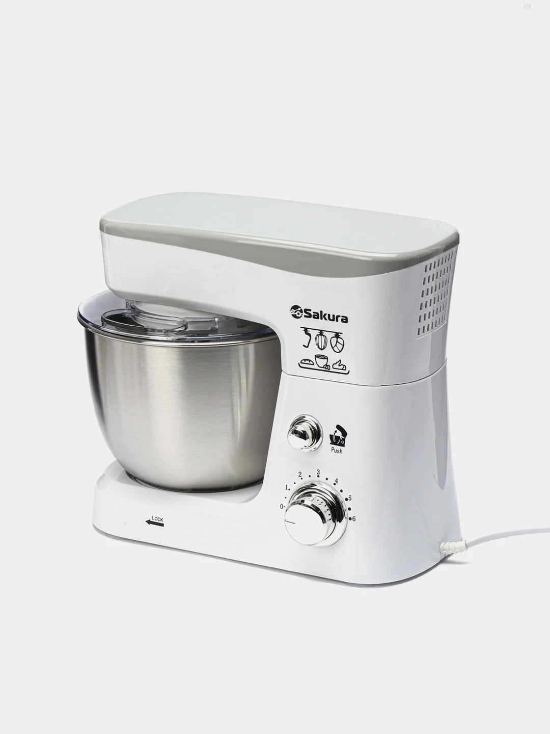Белый миксер Sakura SA-6327W планетарный, с чашей 3.5л, 1000Вт