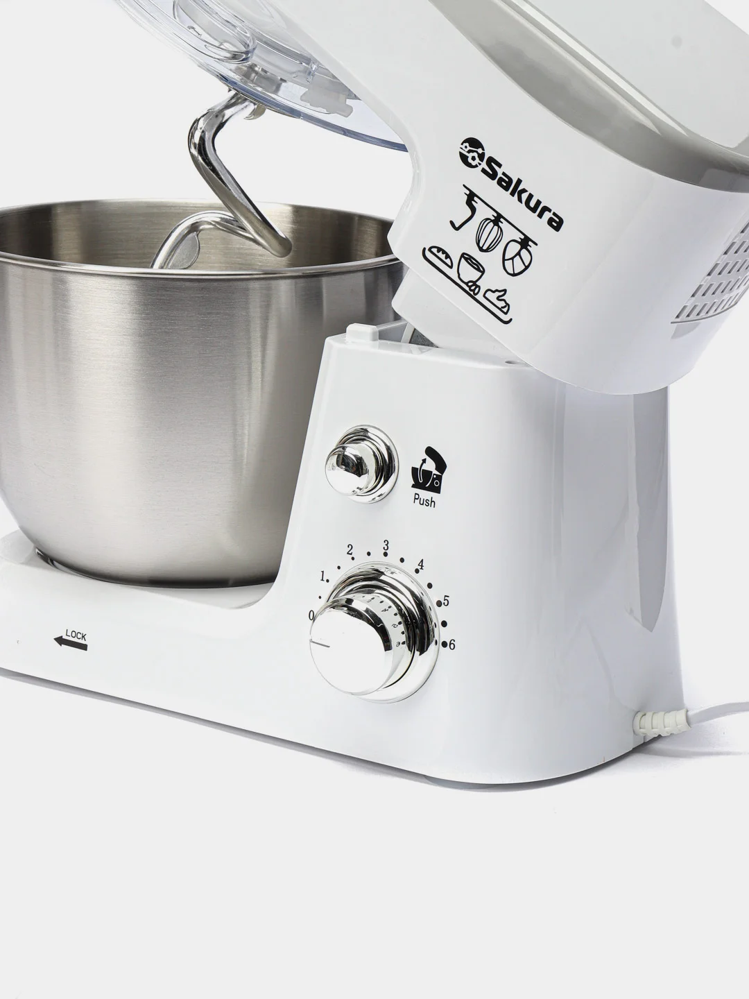 Белый миксер Sakura SA-6327W планетарный, с чашей 3.5л, 1000Вт