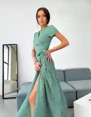 Мятный платье женское длинное на запах, в мелкий горошек