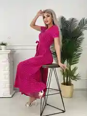Тёмно-розовый платье женское длинное на запах, в мелкий горошек
