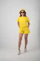 Желтый костюм спортивный женский, с шортами и панамкой