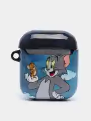 Синий чехол с рисунком на AirPods 1 и AirPods 2 с карабином