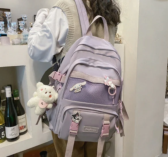 Лавандовый милый школьный рюкзак в корейском стиле с брелком, Hello Kitty