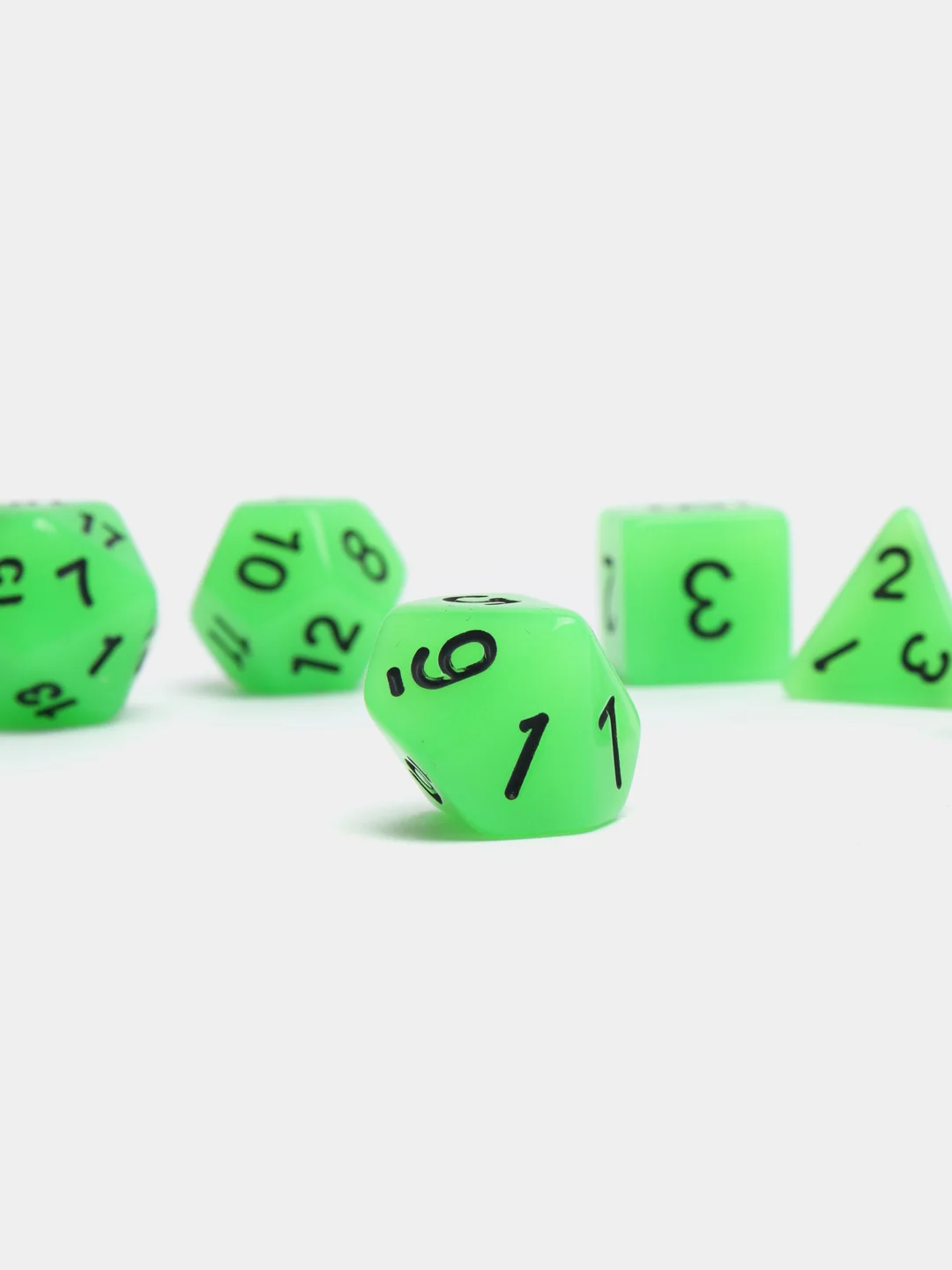 Зеленый дайсы-кубики для Dungeons and Dragons (ДнД), светящиеся в темноте, 7 штук