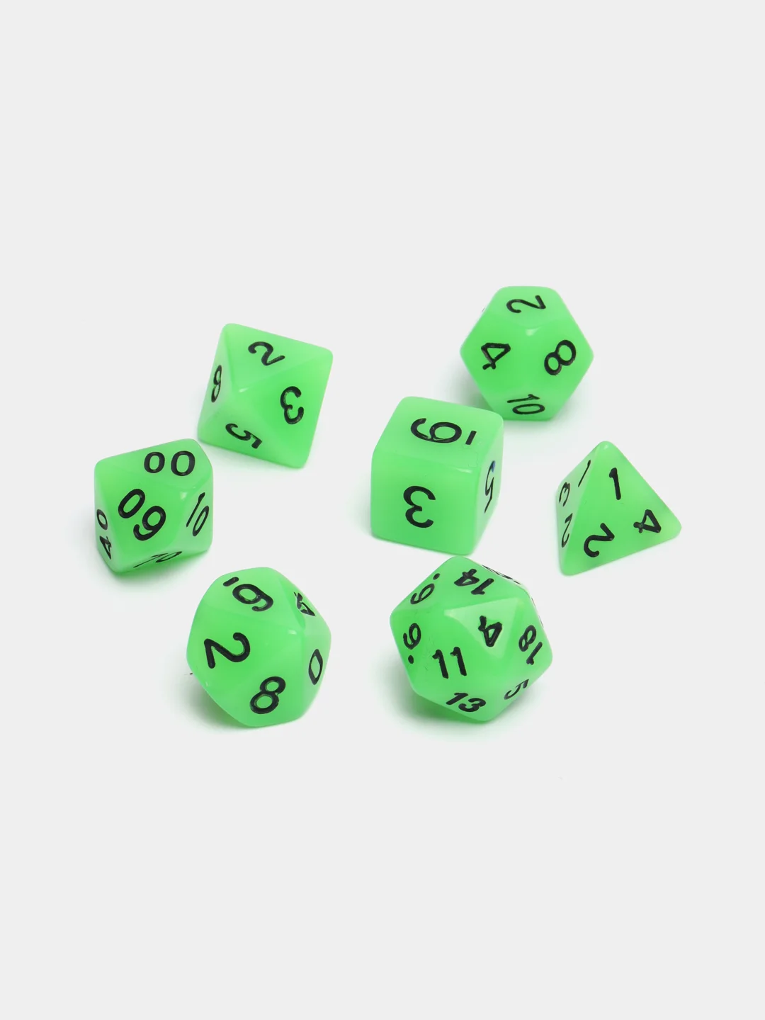 Зеленый дайсы-кубики для Dungeons and Dragons (ДнД), светящиеся в темноте, 7 штук
