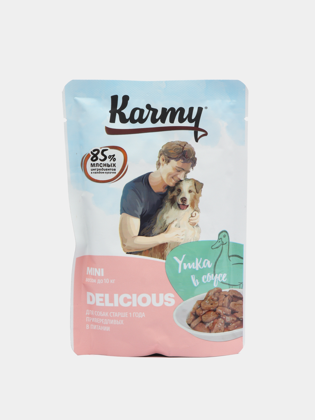 Влажный корм KARMY Delicious Утка в соусе для мелк. пород приверед. старше  1 г.Паучи 12 шт купить по цене 694 ₽ в интернет-магазине Магнит Маркет