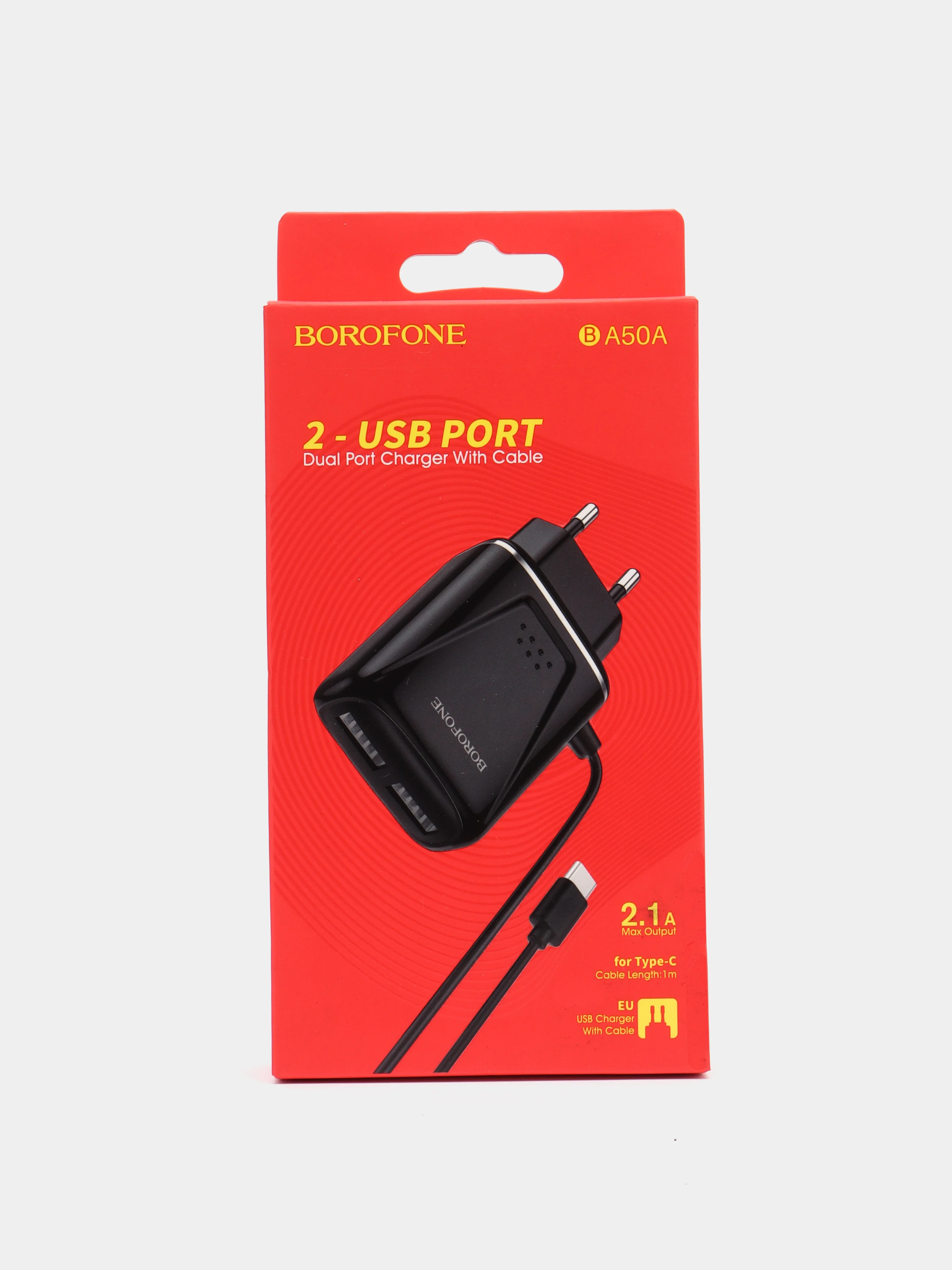 Черный сетевое зарядное устройство BOROFONE BA50A, ккабель Type-C, 2 USB, 2.1 A