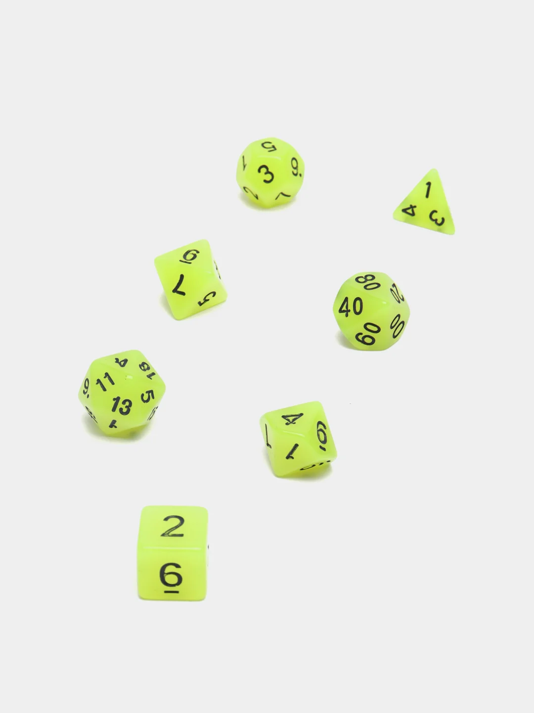 Салатовый дайсы-кубики для Dungeons and Dragons (ДнД), светящиеся в темноте, 7 штук