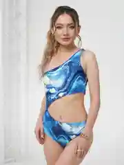 Голубой женский слитный купальник с лямкой на одно плечо