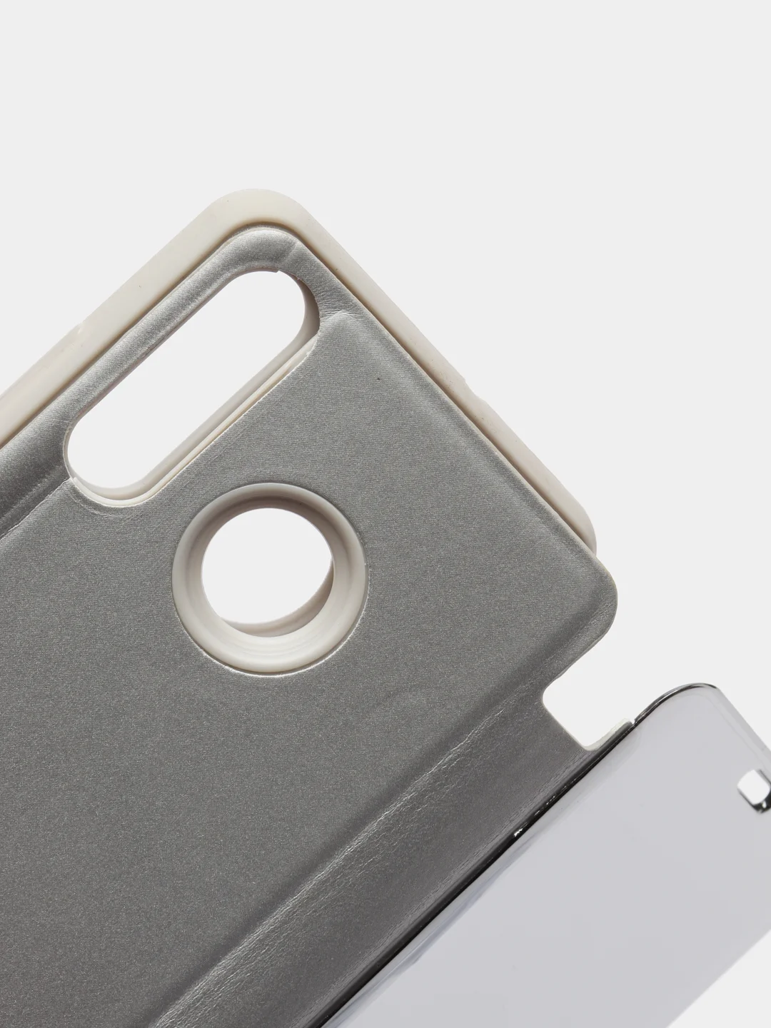 Серебряный чехол-книжка с прозрачным окном Huawei P40/P40 Lite/Y6 2019/P SMART 2021/P30Lite