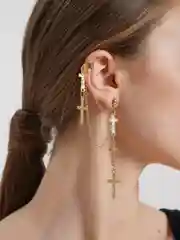 Золотой серьга-кафф с двойной цепочкой, 5 крестов